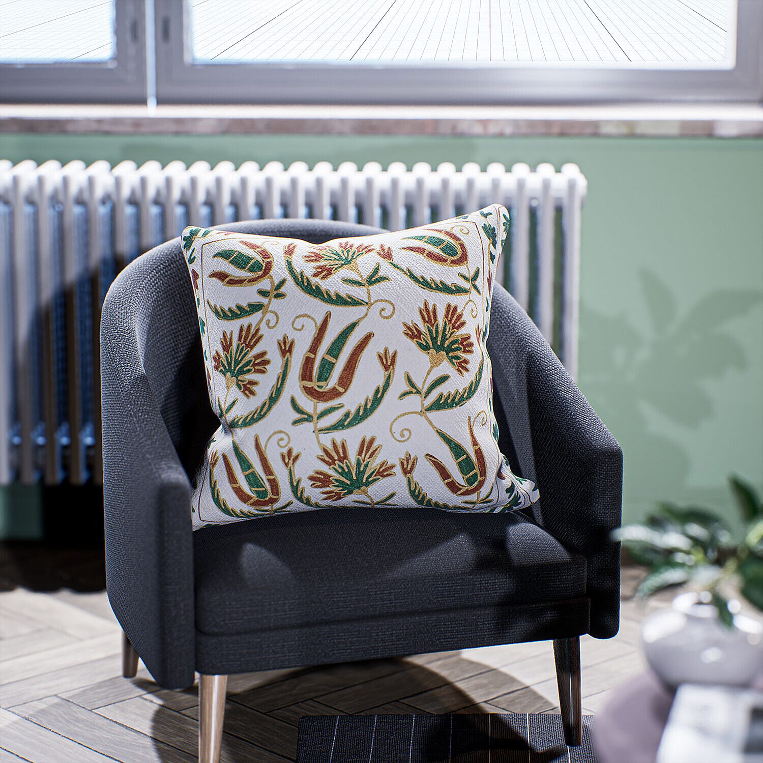 Assots London Handmade 100% Cotton Embroidered Cushion Cover (Size 45 cm) - Green - Brown