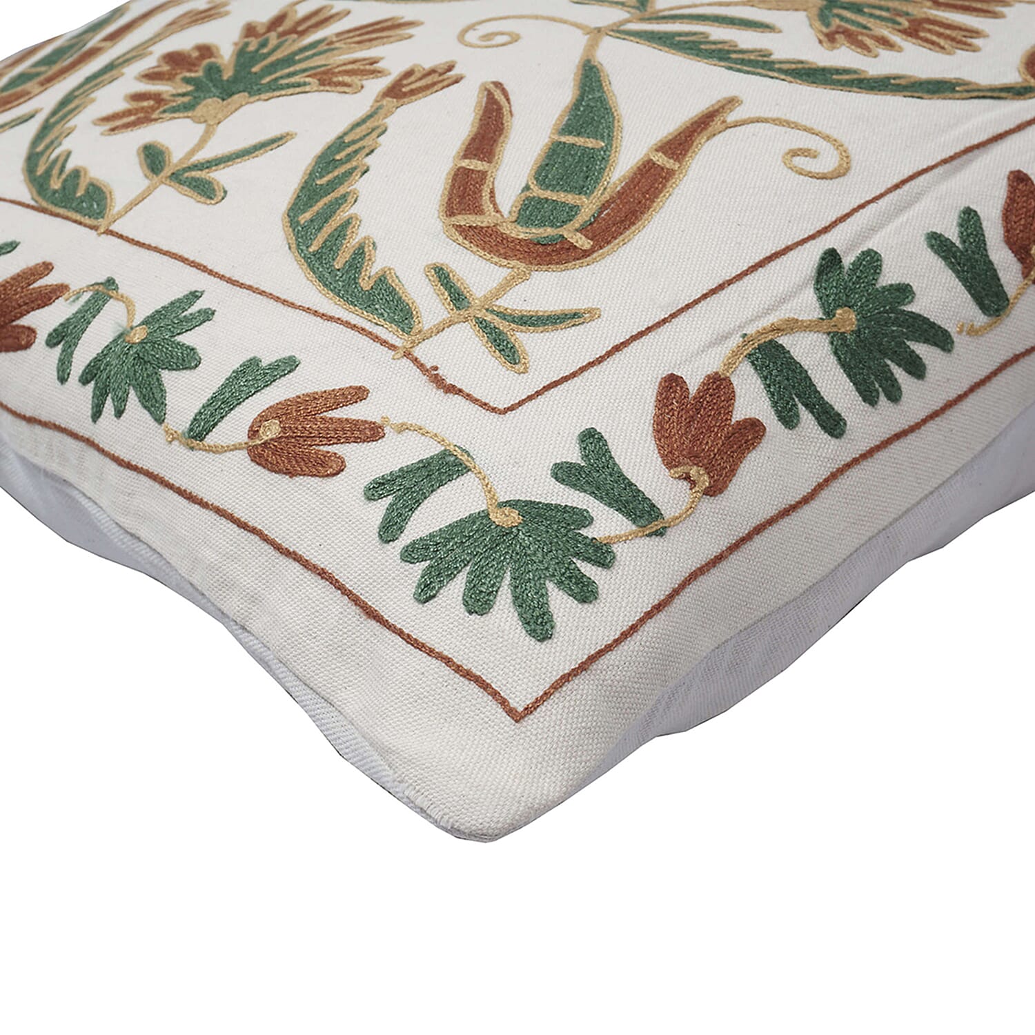 Assots London Handmade 100% Cotton Embroidered Cushion Cover (Size 45 cm) - Green - Brown
