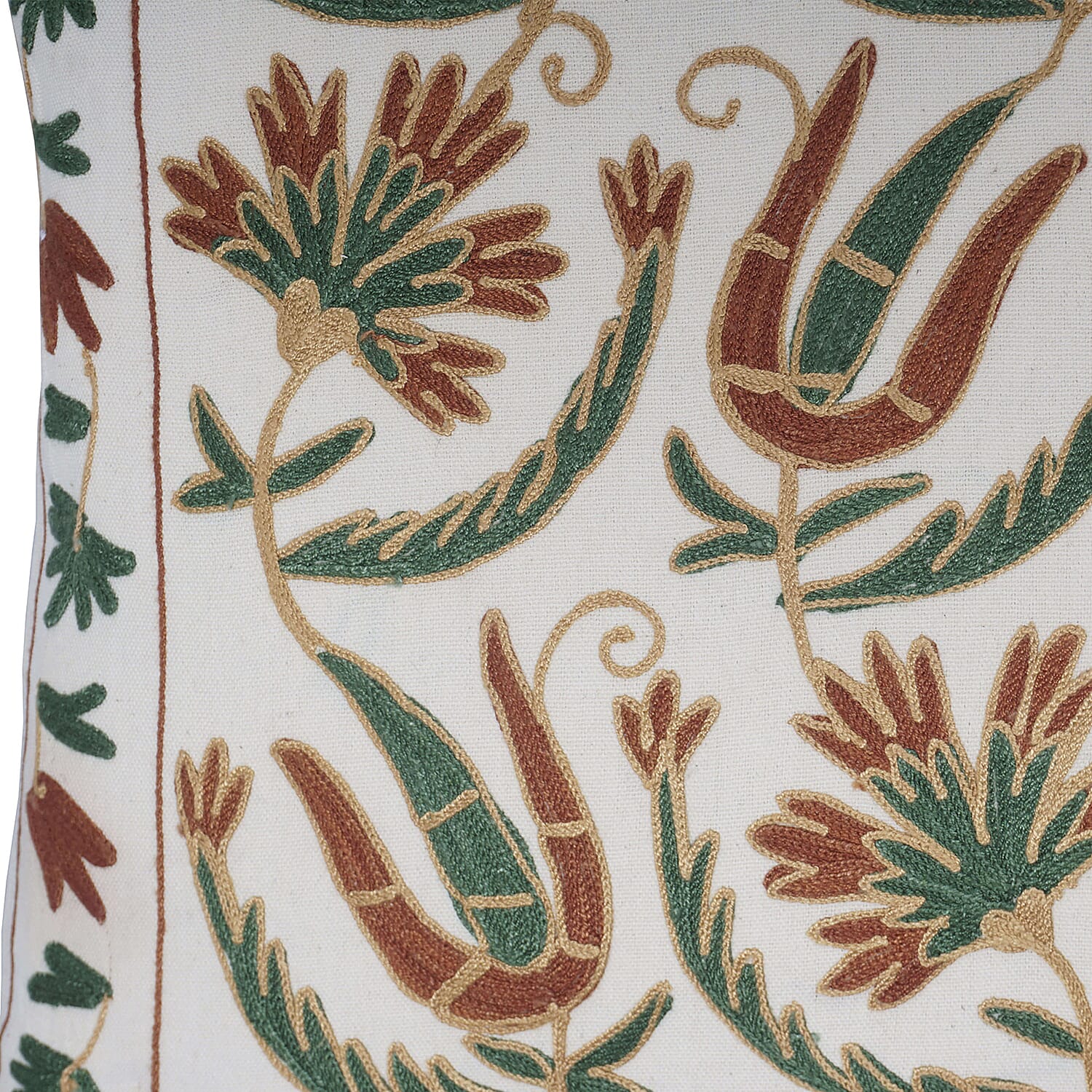 Assots London Handmade 100% Cotton Embroidered Cushion Cover (Size 45 cm) - Green - Brown