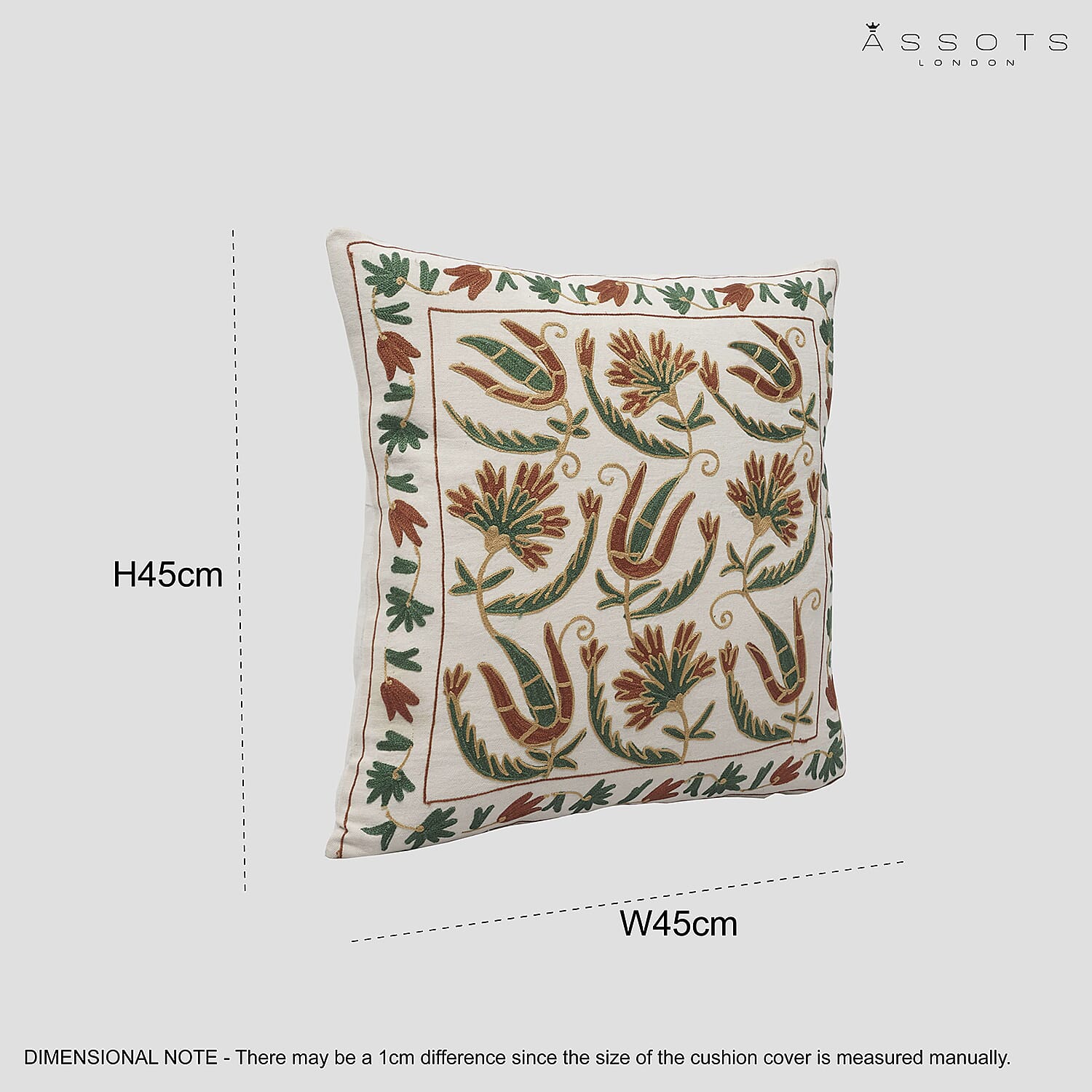 Assots London Handmade 100% Cotton Embroidered Cushion Cover (Size 45 cm) - Green - Brown