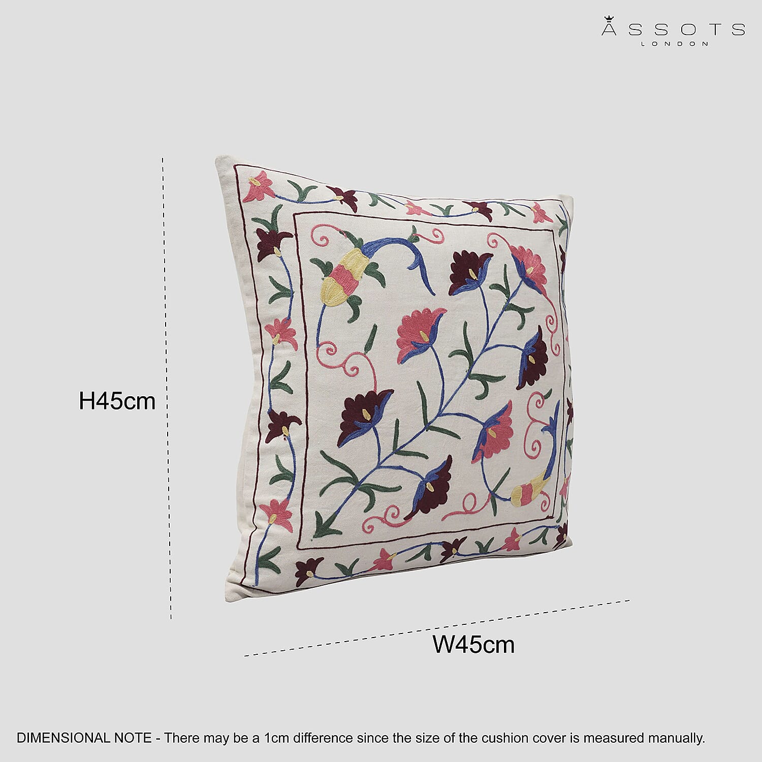 Assots London Handmade 100% Cotton Embroidered Cushion Cover (Size 45 cm) - Pink & Wine