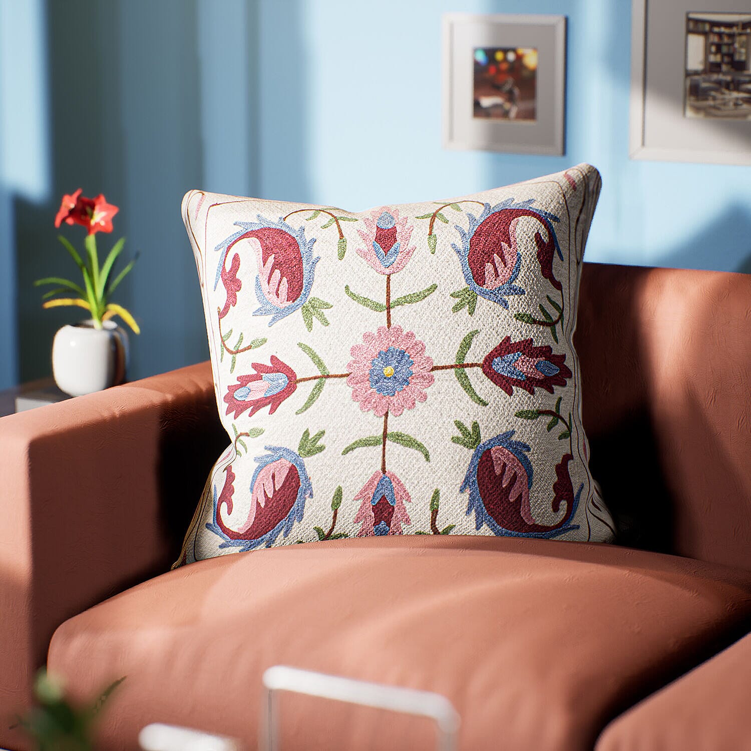 Assots London Handmade 100% Cotton Embroidered Cushion Cover (Size 45 cm) - Pink & Blue