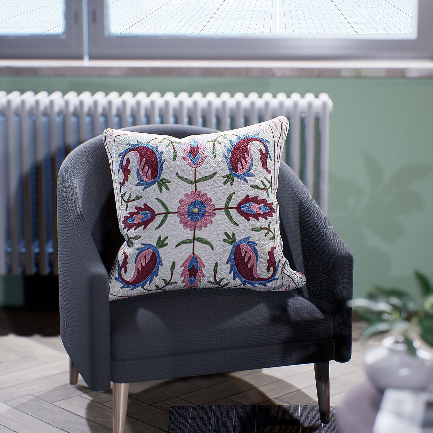 Assots London Handmade 100% Cotton Embroidered Cushion Cover (Size 45 cm) - Pink & Blue