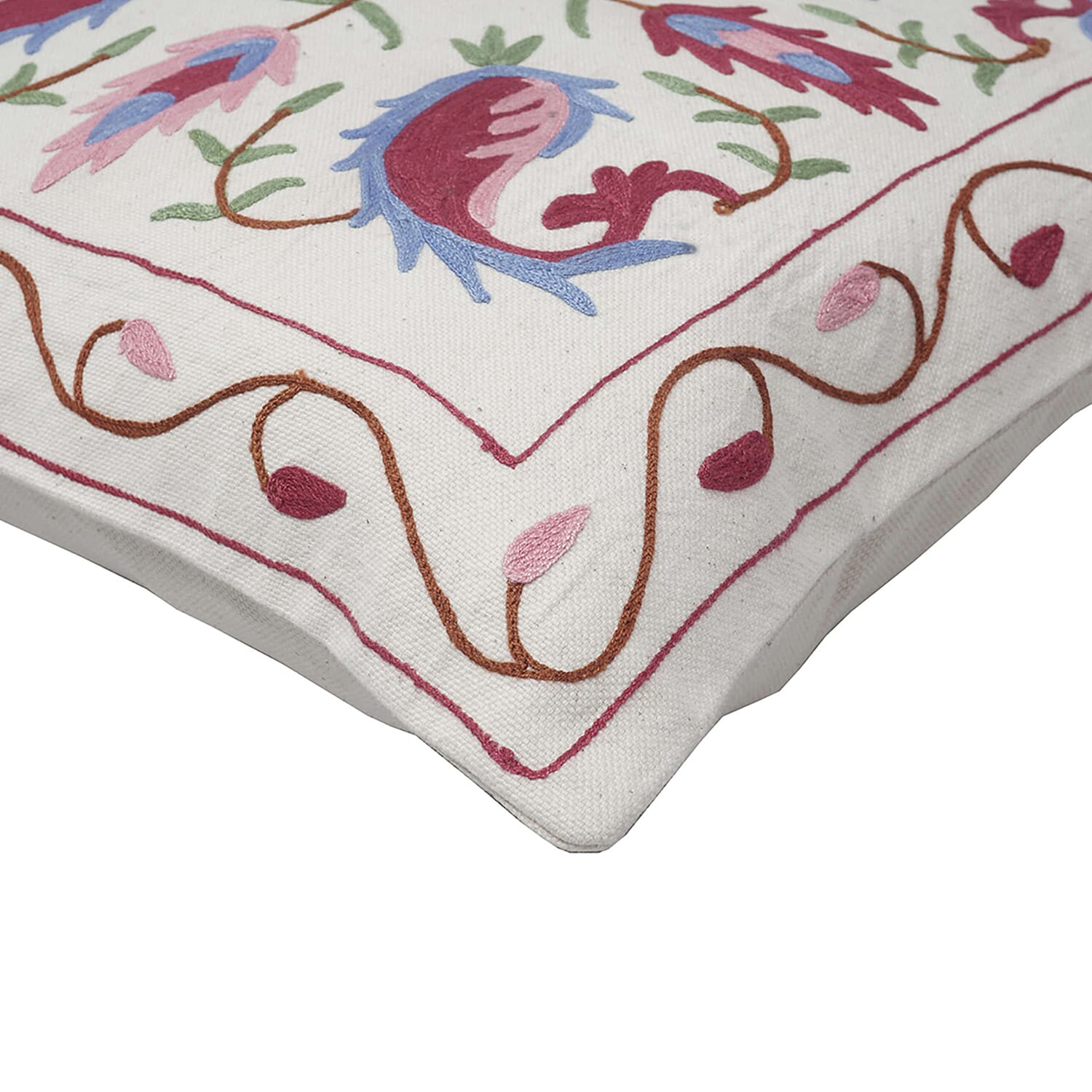 Assots London Handmade 100% Cotton Embroidered Cushion Cover (Size 45 cm) - Pink & Blue