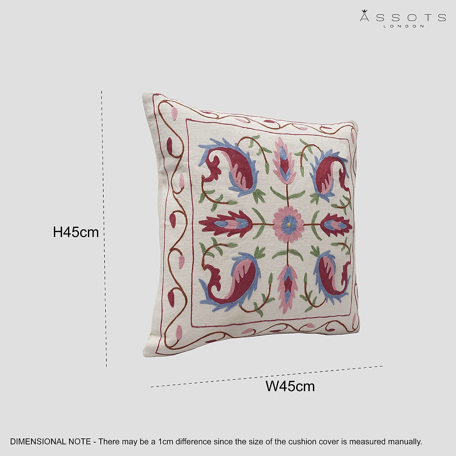 Assots London Handmade 100% Cotton Embroidered Cushion Cover (Size 45 cm) - Pink & Blue