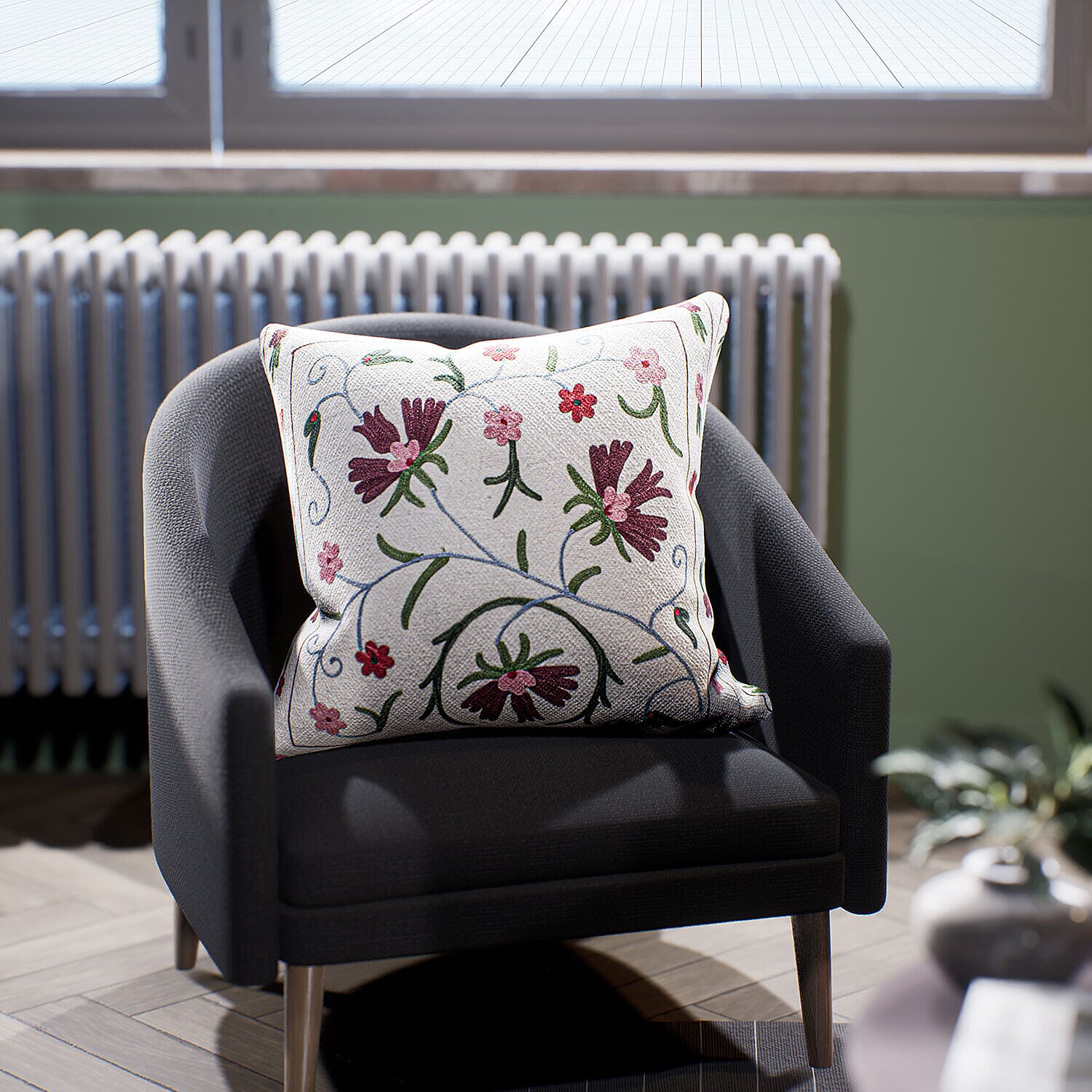 Assots London Handmade 100% Cotton Embroidered Cushion Cover (Size 45 cm) - Pink & Purple