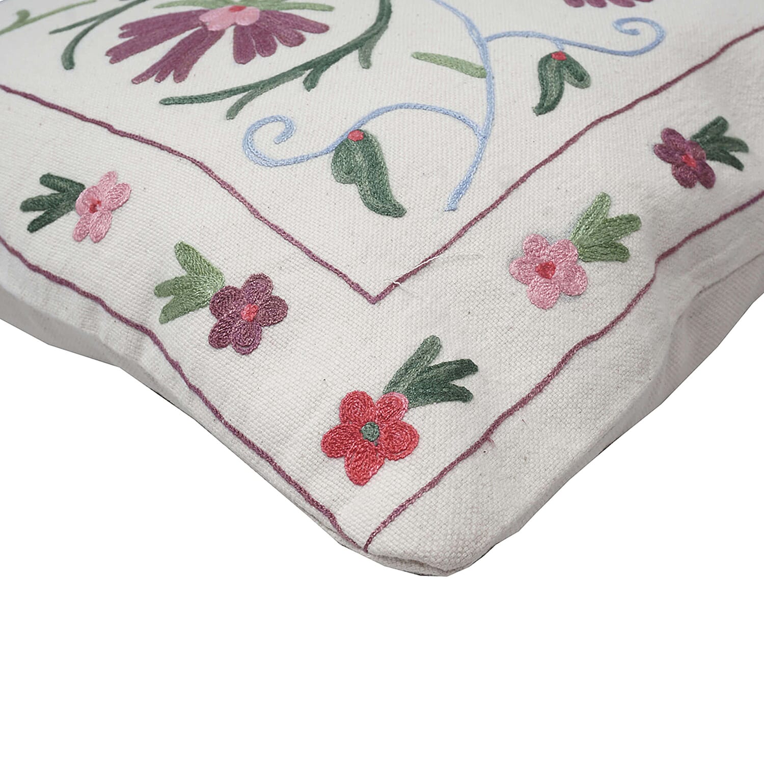 Assots London Handmade 100% Cotton Embroidered Cushion Cover (Size 45 cm) - Pink & Purple