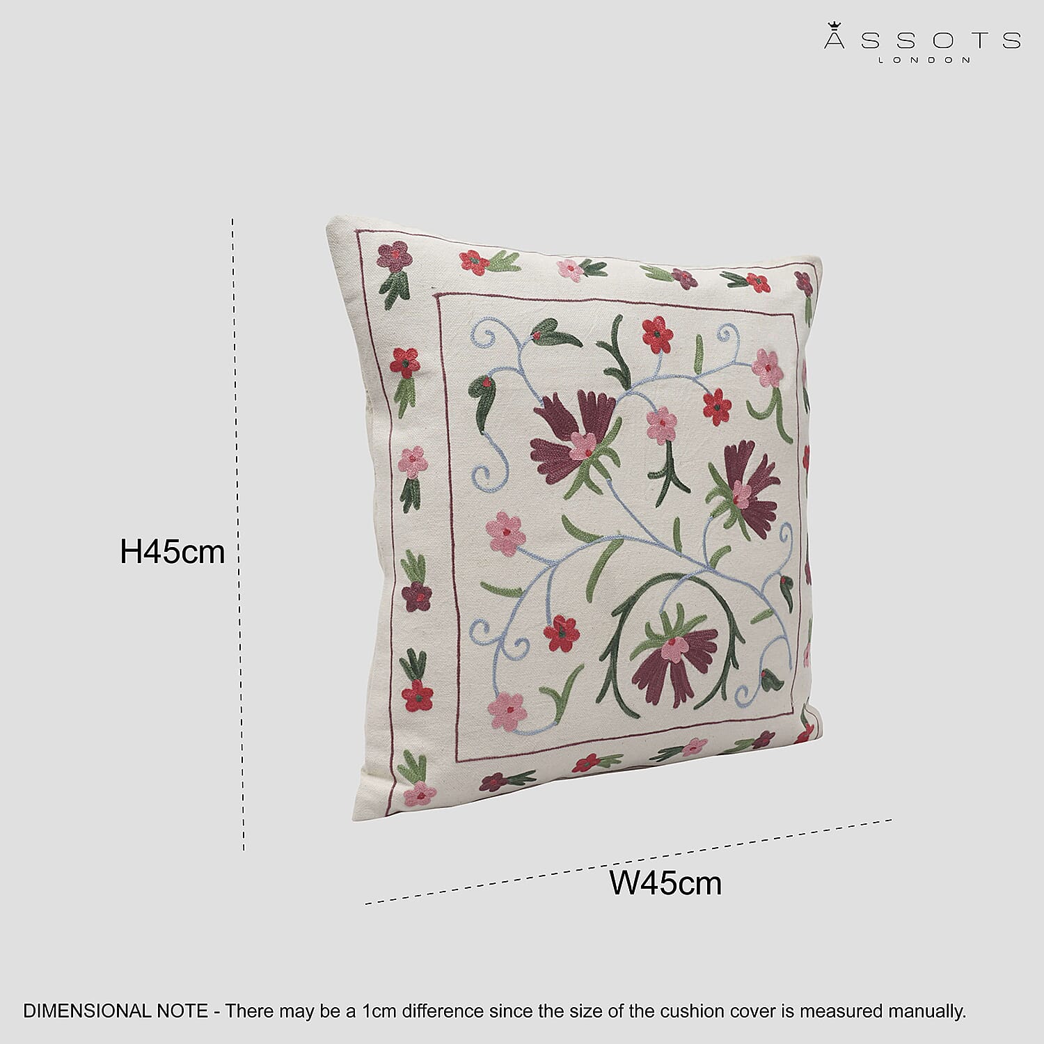 Assots London Handmade 100% Cotton Embroidered Cushion Cover (Size 45 cm) - Pink & Purple