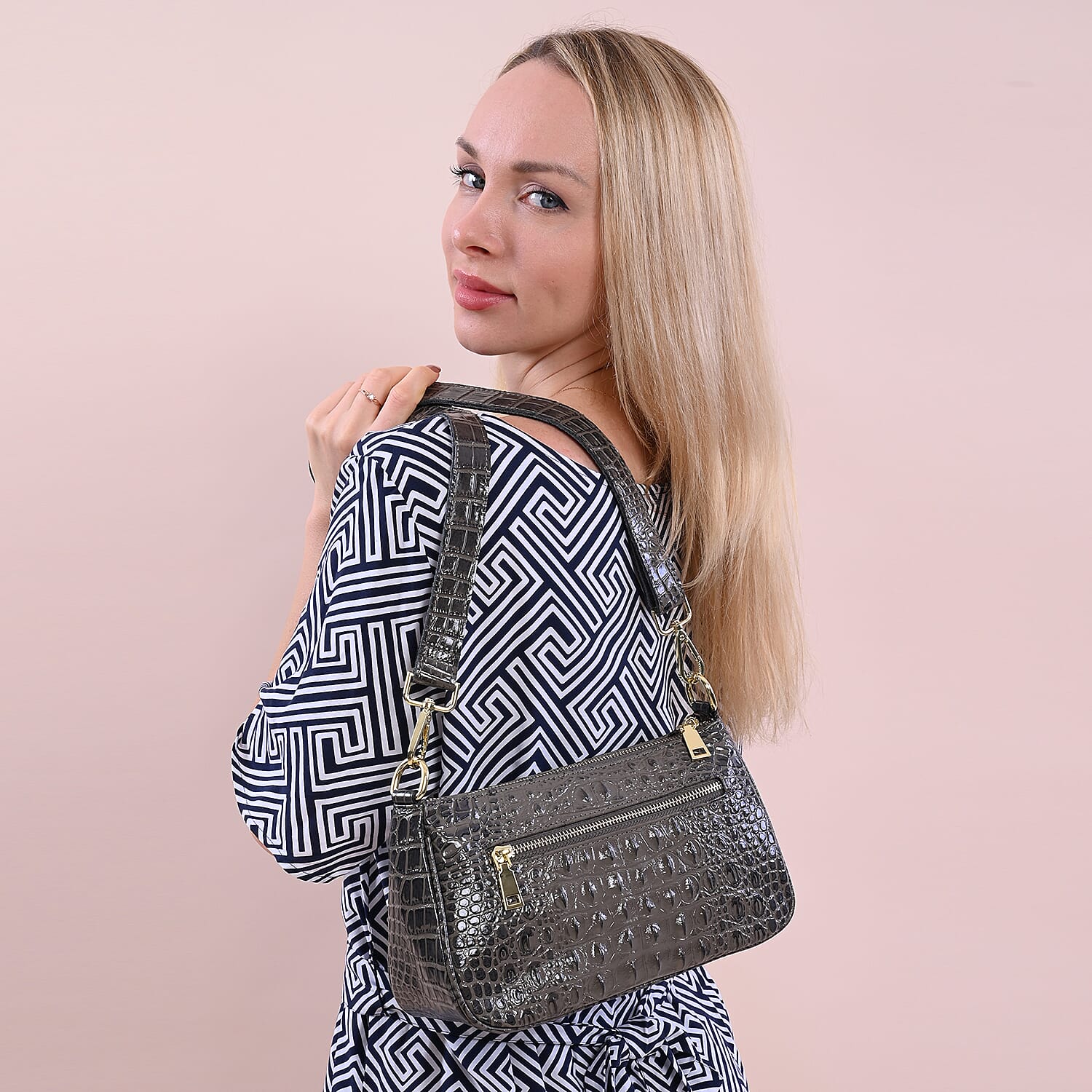 Genuine Leather Crocodile Skin Pattern Hobo Bag with Handel and Shoulder Strap - Dark Grey