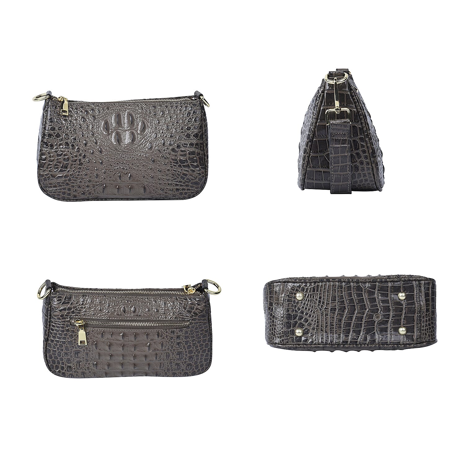 Genuine Leather Crocodile Skin Pattern Hobo Bag with Handel and Shoulder Strap - Dark Grey