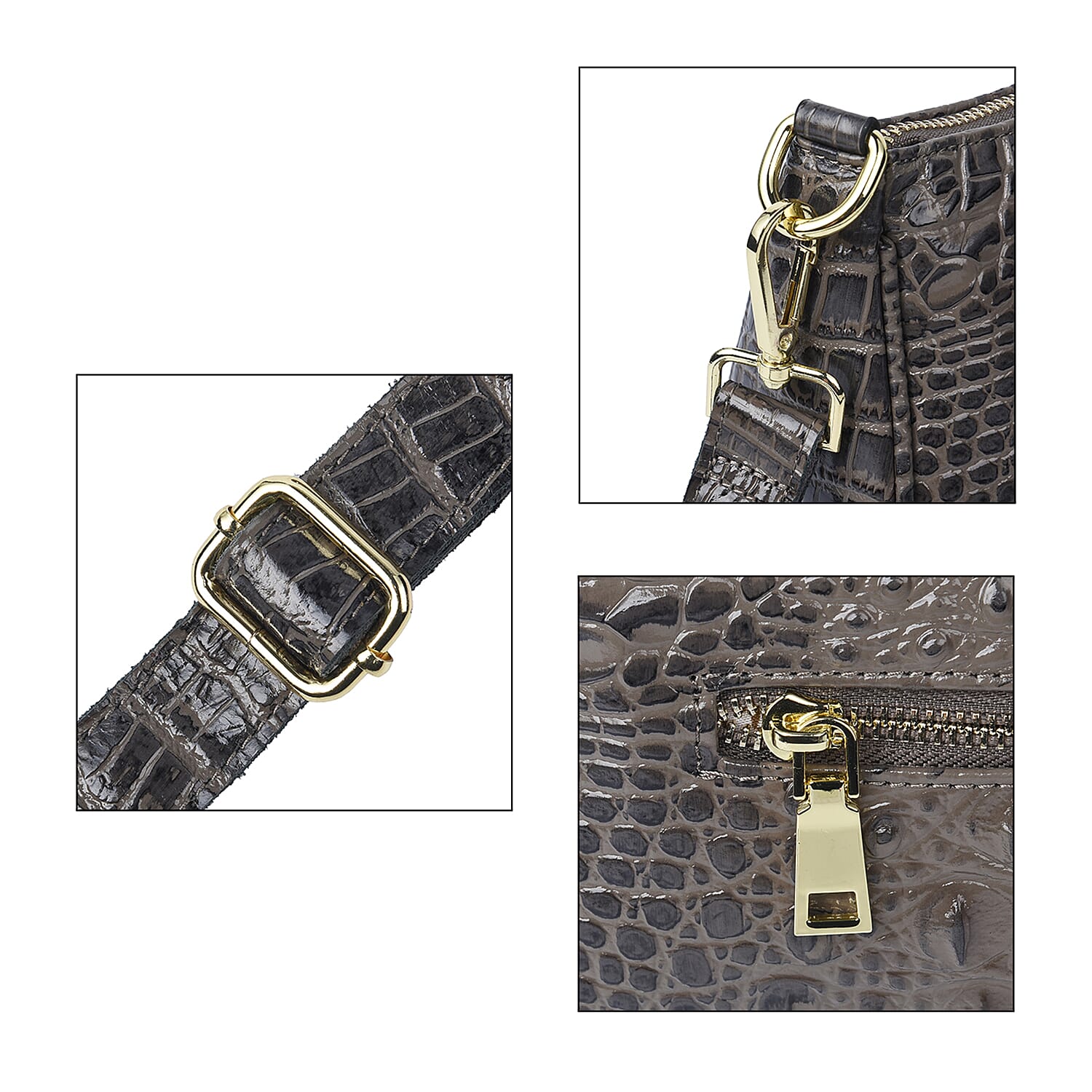 Genuine Leather Crocodile Skin Pattern Hobo Bag with Handel and Shoulder Strap - Dark Grey