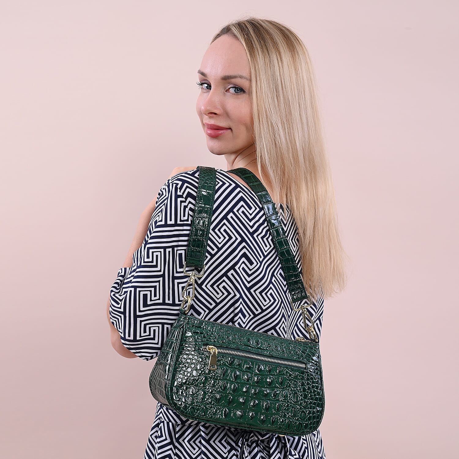 100% Genuine Leather Crocodile Skin Pattern Hobo Bag with Handle and Shoulder Strap (Size 26x15x10 Cm) - Green