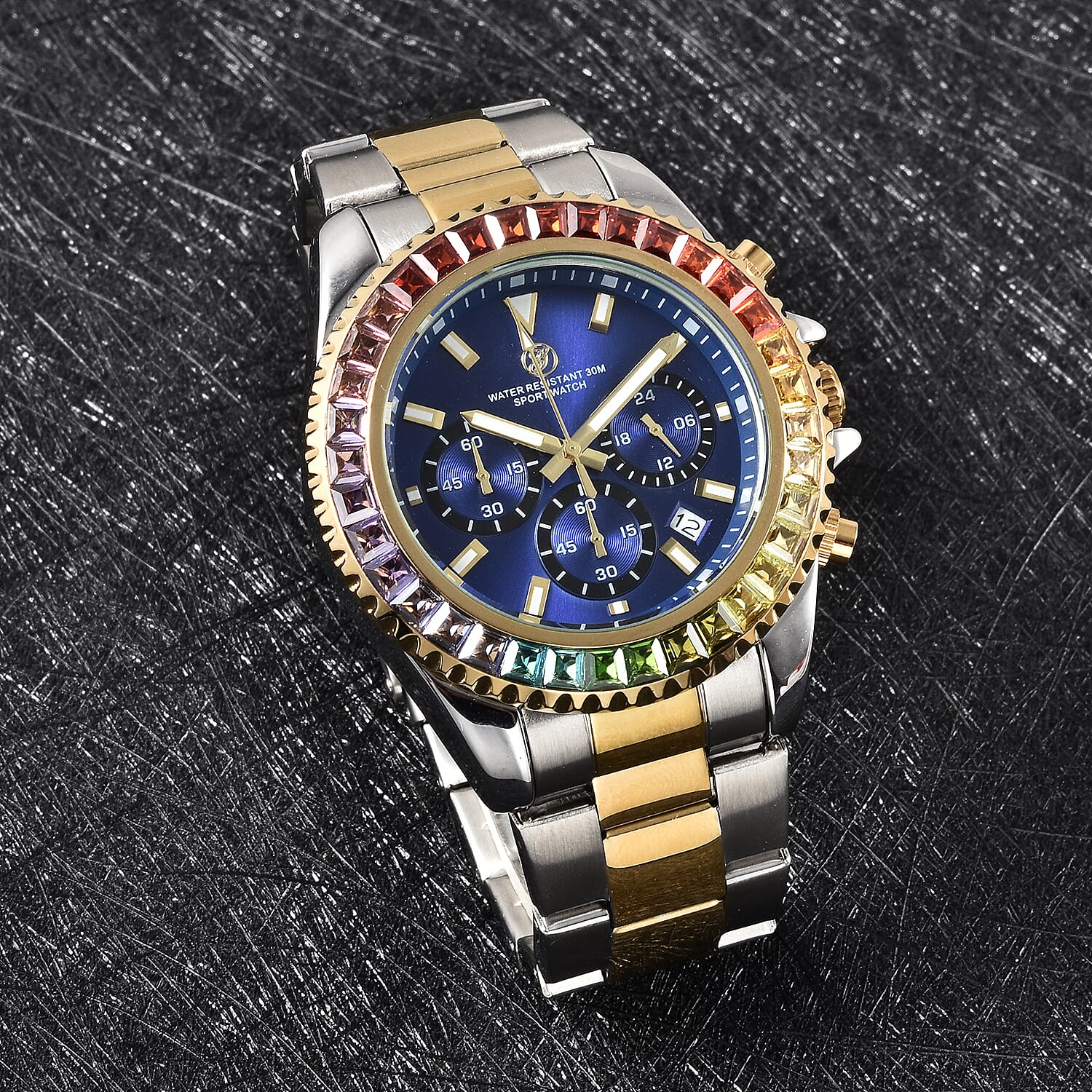 GENOA Simulated Rainbow Sapphire Studded 3 ATM Water Resistant Watch in Two Tone