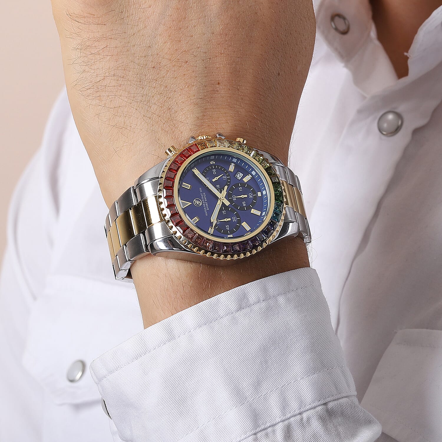 GENOA Simulated Rainbow Sapphire Studded 3 ATM Water Resistant Watch in Two Tone