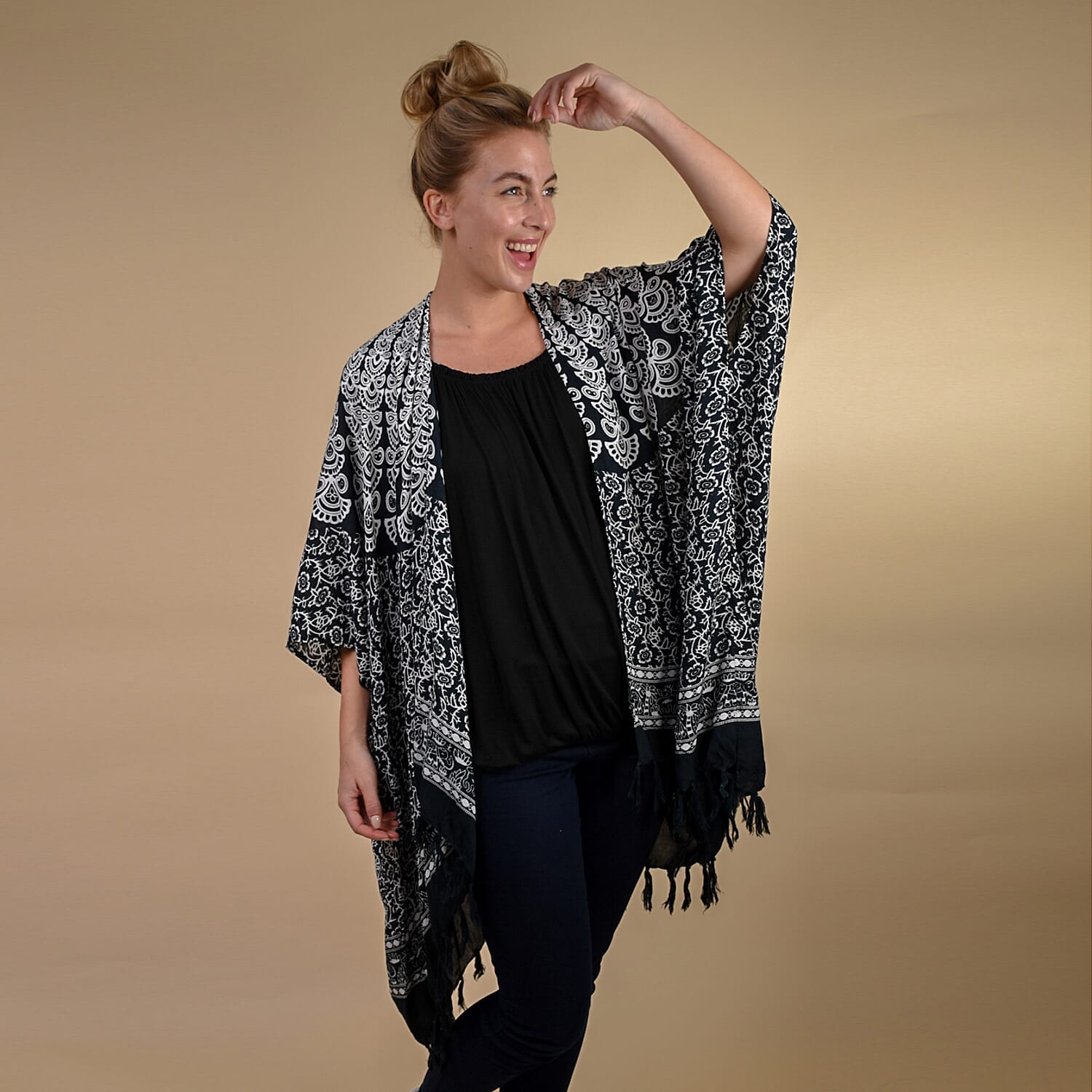 TAMSY 100% Rayon Floral Printed Kimono, One Size (Fits 8-20) - Black & White