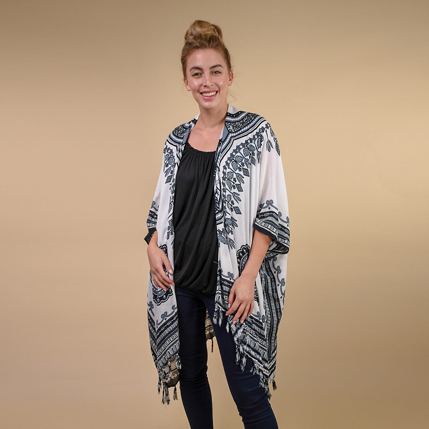 TAMSY 100% Rayon Printed Kimono, One Size (Fits 8-20) - White & Multi