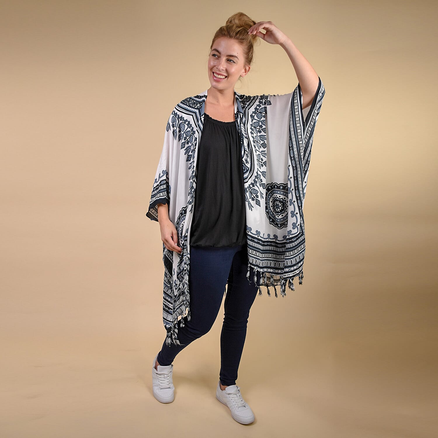 TAMSY 100% Rayon Printed Kimono, One Size (Fits 8-20) - White & Multi