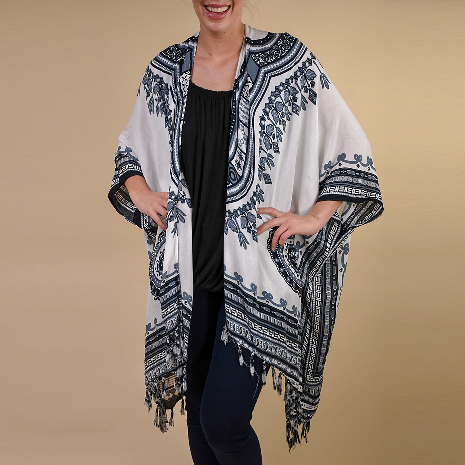 TAMSY 100% Rayon Printed Kimono, One Size (Fits 8-20) - White & Multi