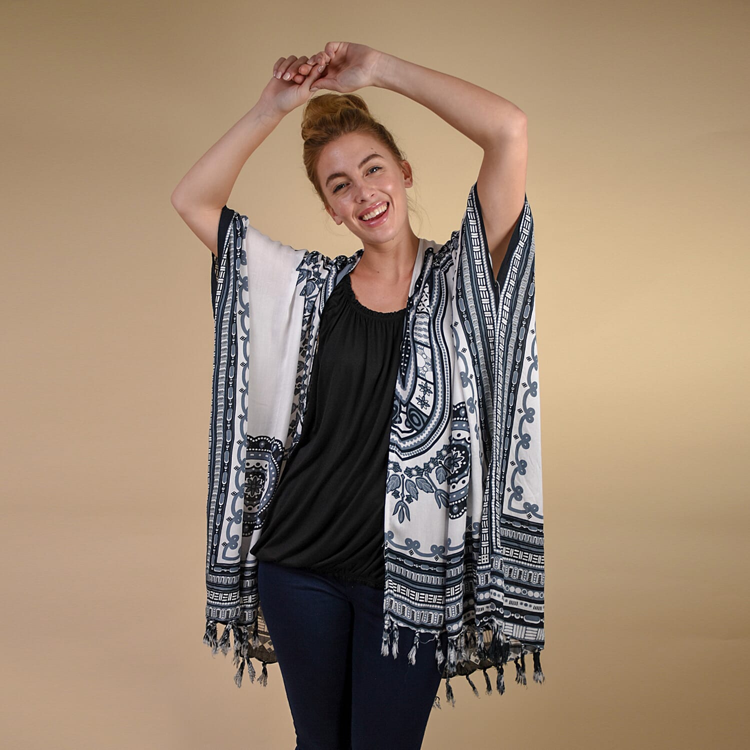 TAMSY 100% Rayon Printed Kimono, One Size (Fits 8-20) - White & Multi