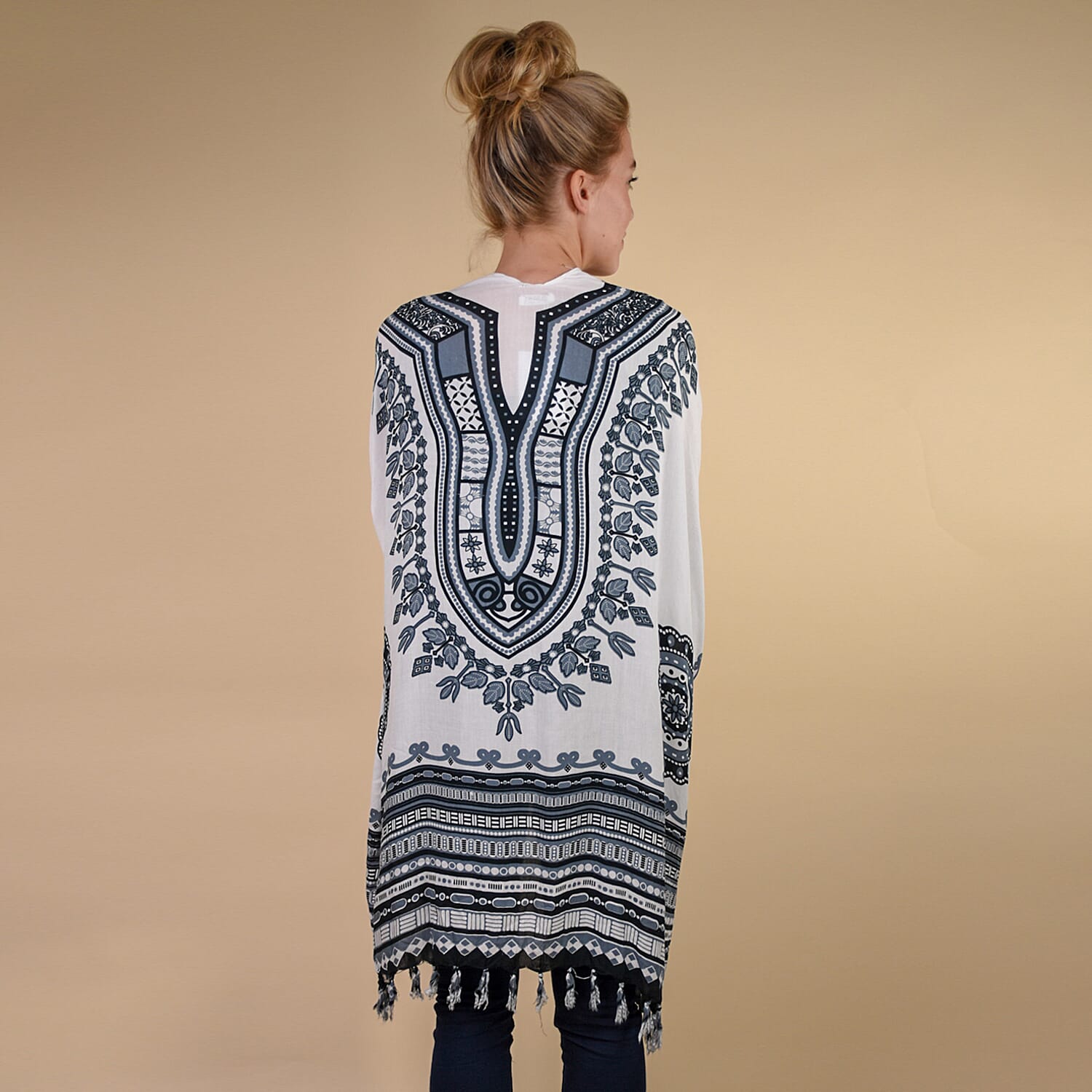 TAMSY 100% Rayon Printed Kimono, One Size (Fits 8-20) - White & Multi