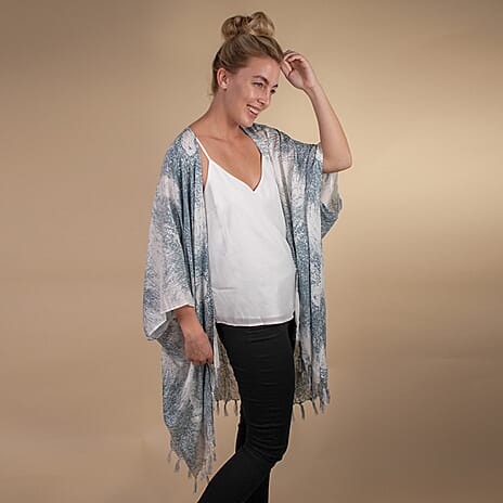 TAMSY 100% Rayon Printed Kimono One Size (Fits 8-20) - White & Grey