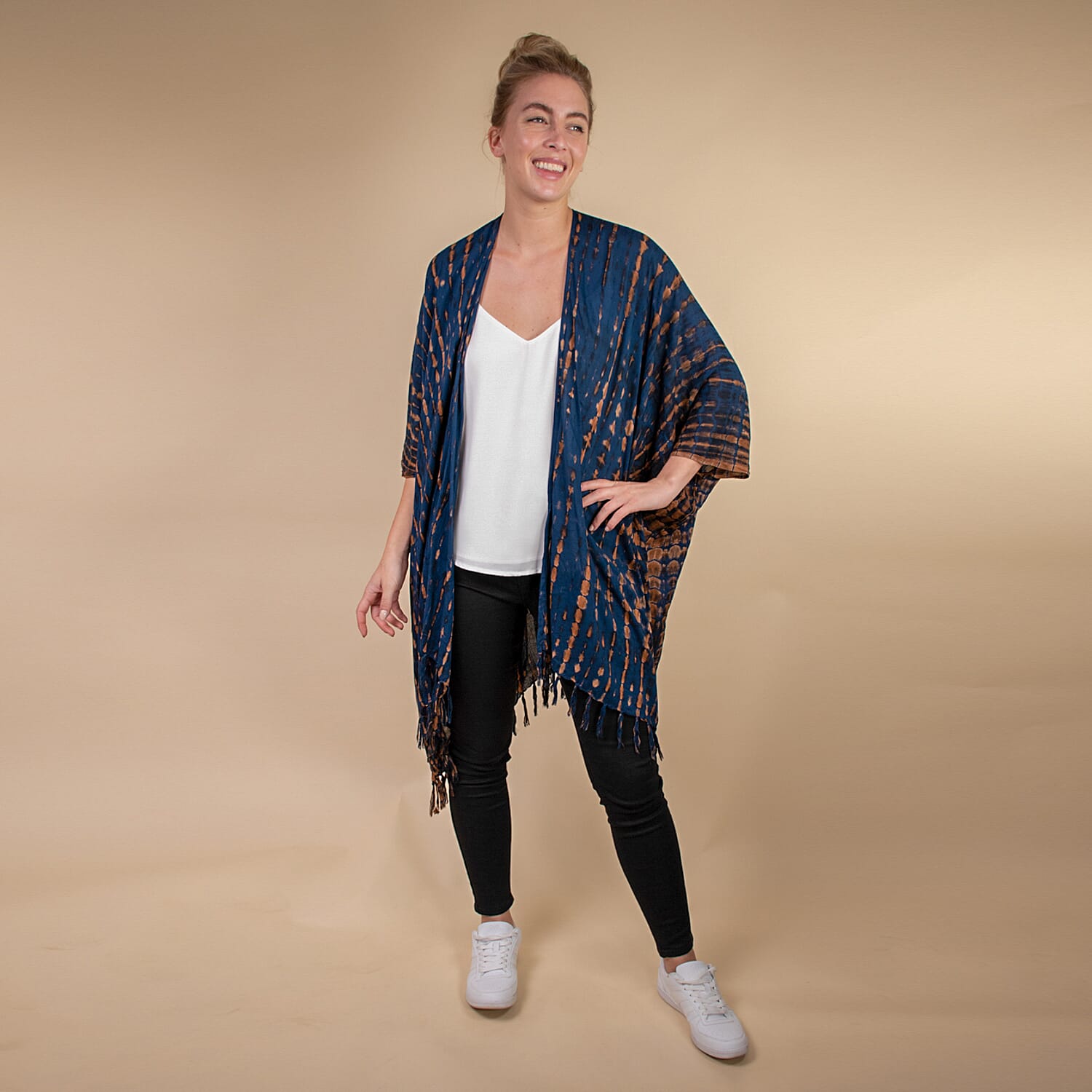 TAMSY 100% Rayon Printed Kimono, One Size (Fits 8-20) - Navy & Brown