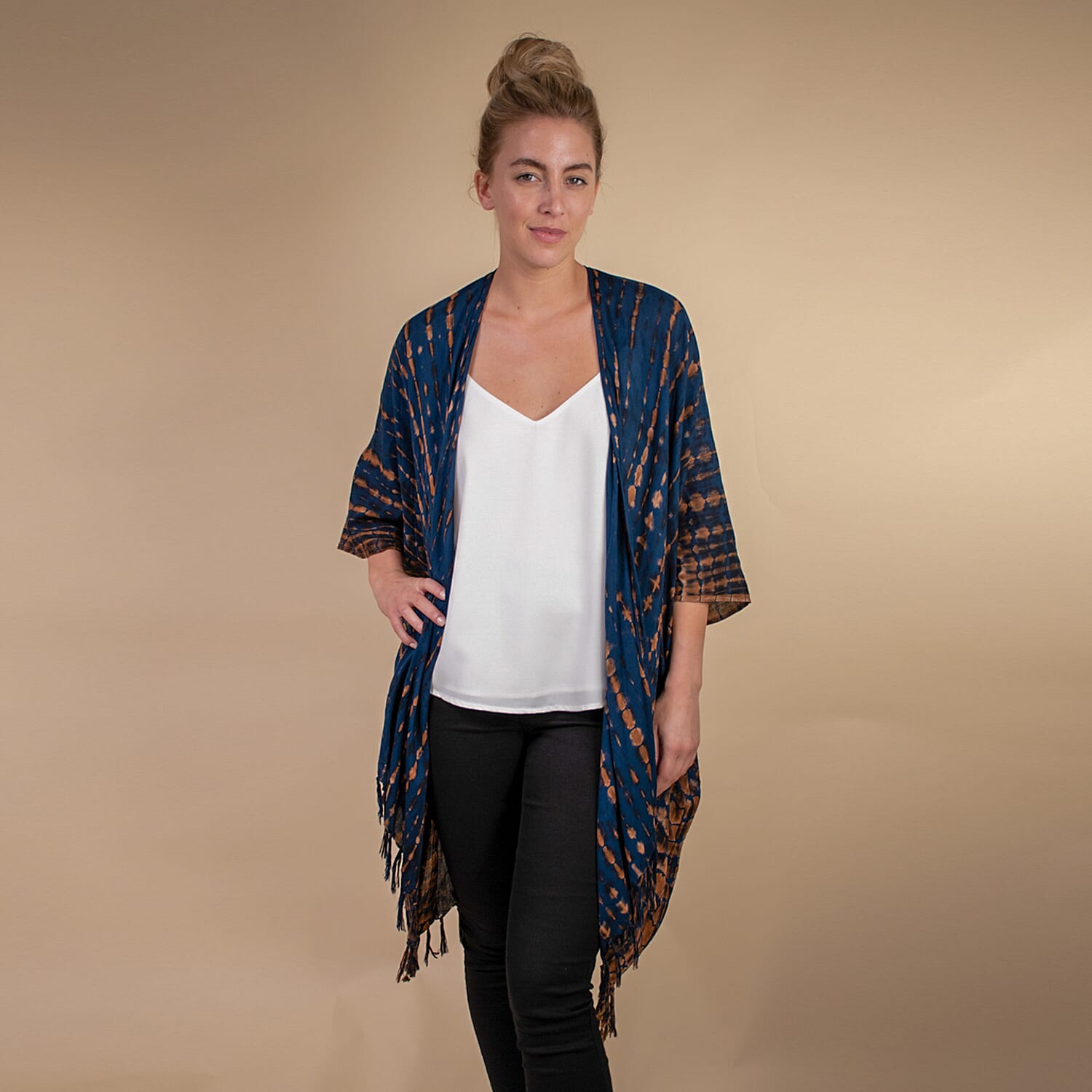 TAMSY 100% Rayon Printed Kimono, One Size (Fits 8-20) - Navy & Brown