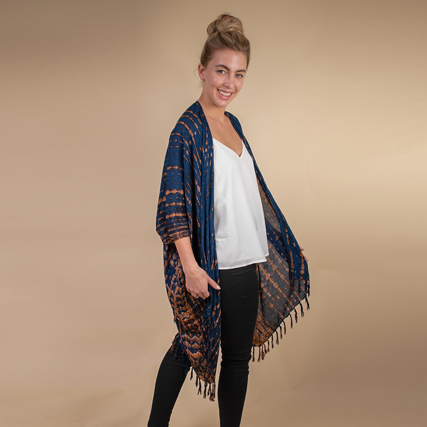 TAMSY 100% Rayon Printed Kimono, One Size (Fits 8-20) - Navy & Brown