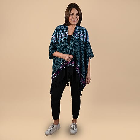 TAMSY 100% Rayon Floral Printed Kimono, One Size (Fits 8-20) - Turquoise & Multi