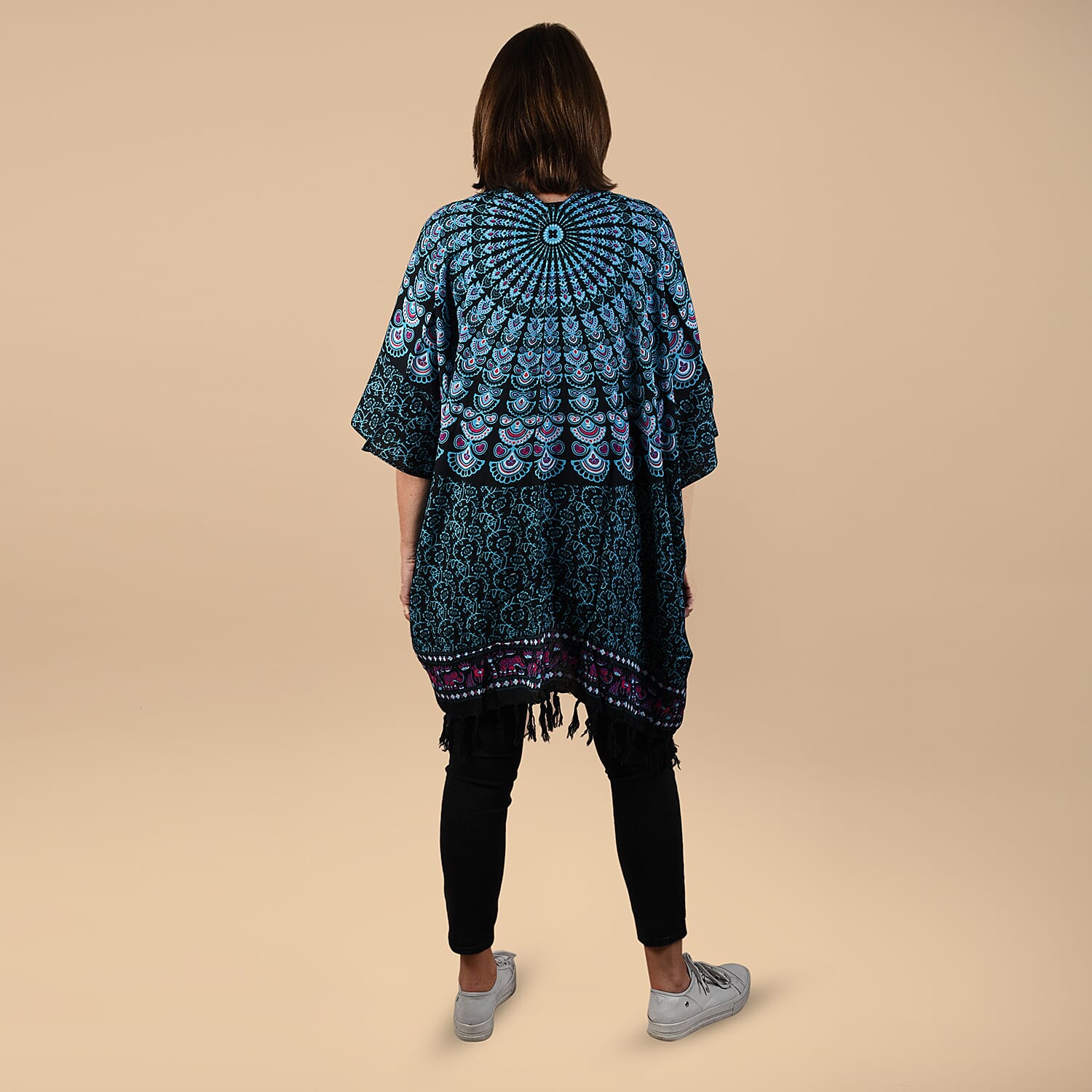 TAMSY 100% Rayon Floral Printed Kimono, One Size (Fits 8-20) - Turquoise & Multi