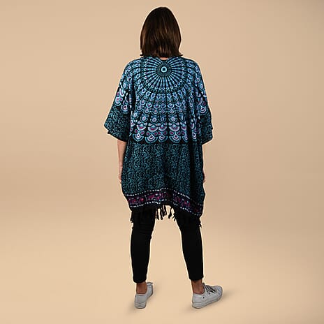 TAMSY 100% Rayon Floral Printed Kimono, One Size (Fits 8-20) - Turquoise & Multi