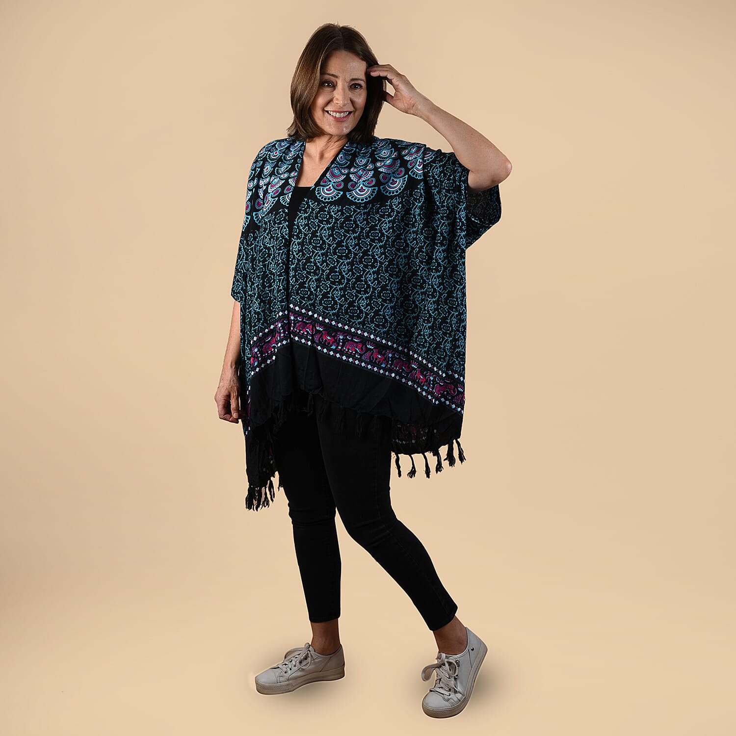 TAMSY 100% Rayon Floral Printed Kimono, One Size (Fits 8-20) - Turquoise & Multi