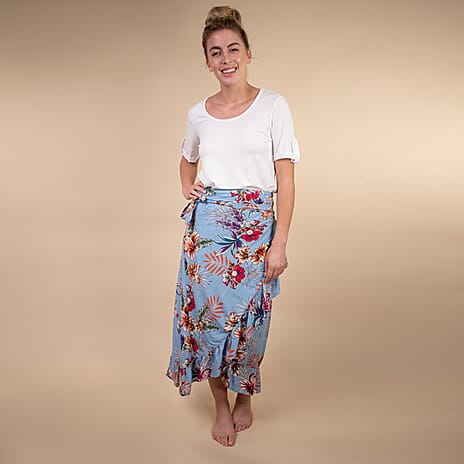 100% Rayon Floral Printed Wrap Skirt One Size, (Fits 8-16) - Light Blue & Multi