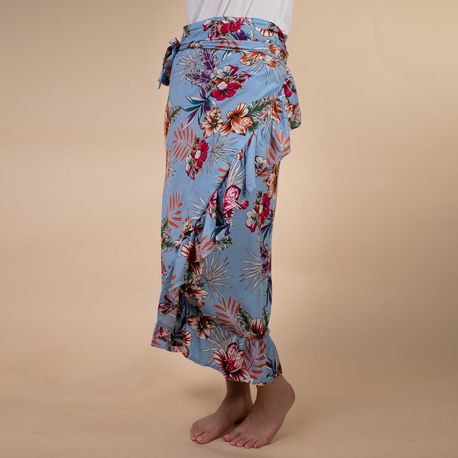 100% Rayon Floral Printed Wrap Skirt One Size, (Fits 8-16) - Light Blue & Multi