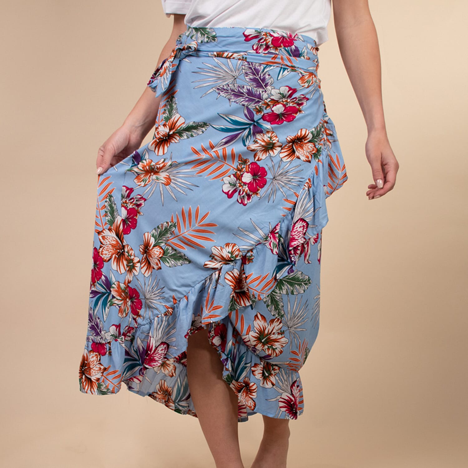 100% Rayon Floral Printed Wrap Skirt One Size, (Fits 8-16) - Light Blue & Multi