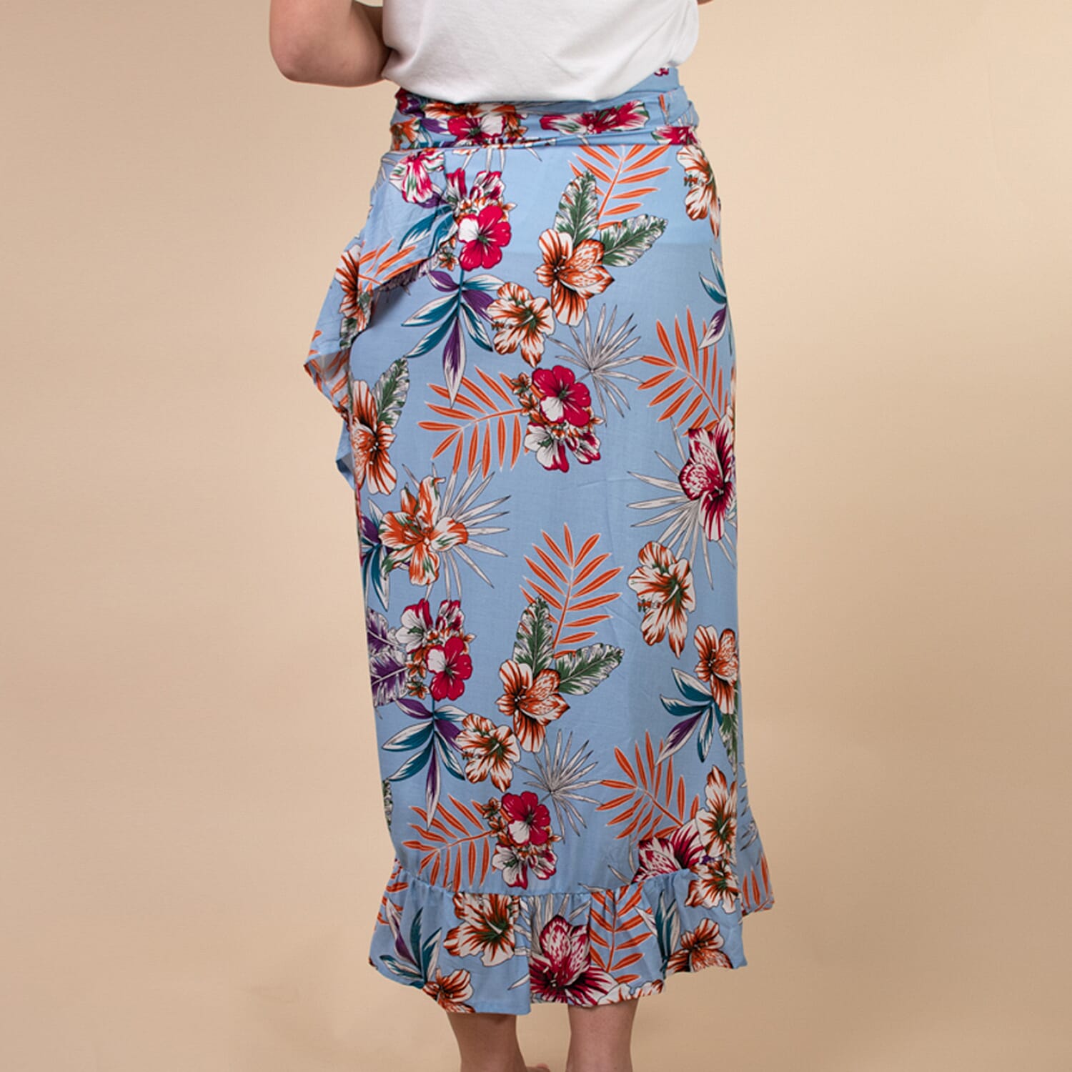 100% Rayon Floral Printed Wrap Skirt One Size, (Fits 8-16) - Light Blue & Multi