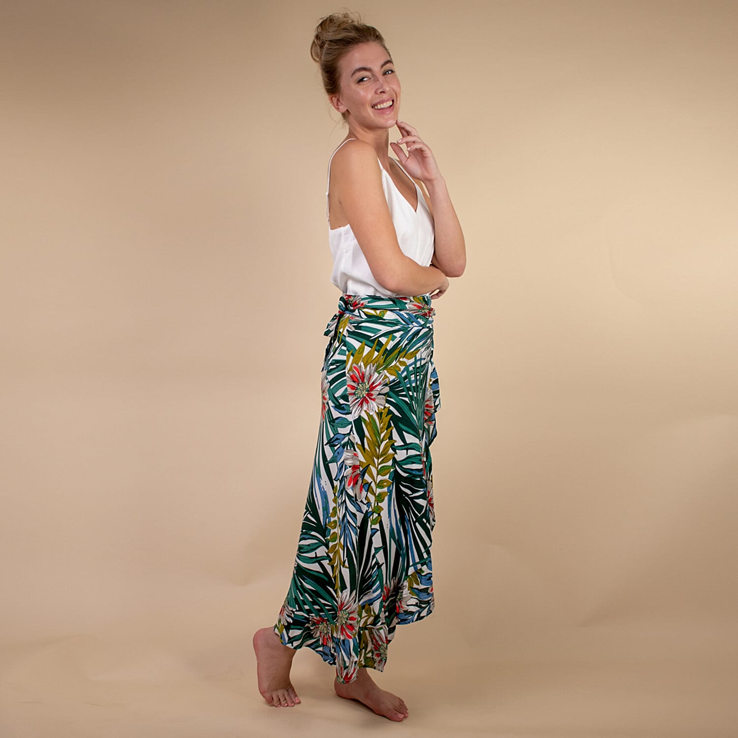 TAMSY 100% Rayon Floral Printed Wrap Skirt One Size, (Fits 8-16) - Light Blue & Multi