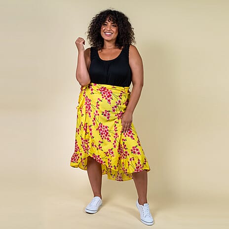 100% Rayon Floral Printed Wrap Skirt (Size 8 - 16) - Yellow & Red