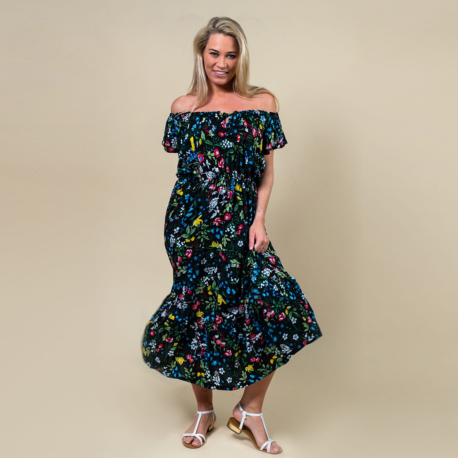 LA MAREY 100% Rayon Floral Printed Maxi Dress (Size - M) - Black