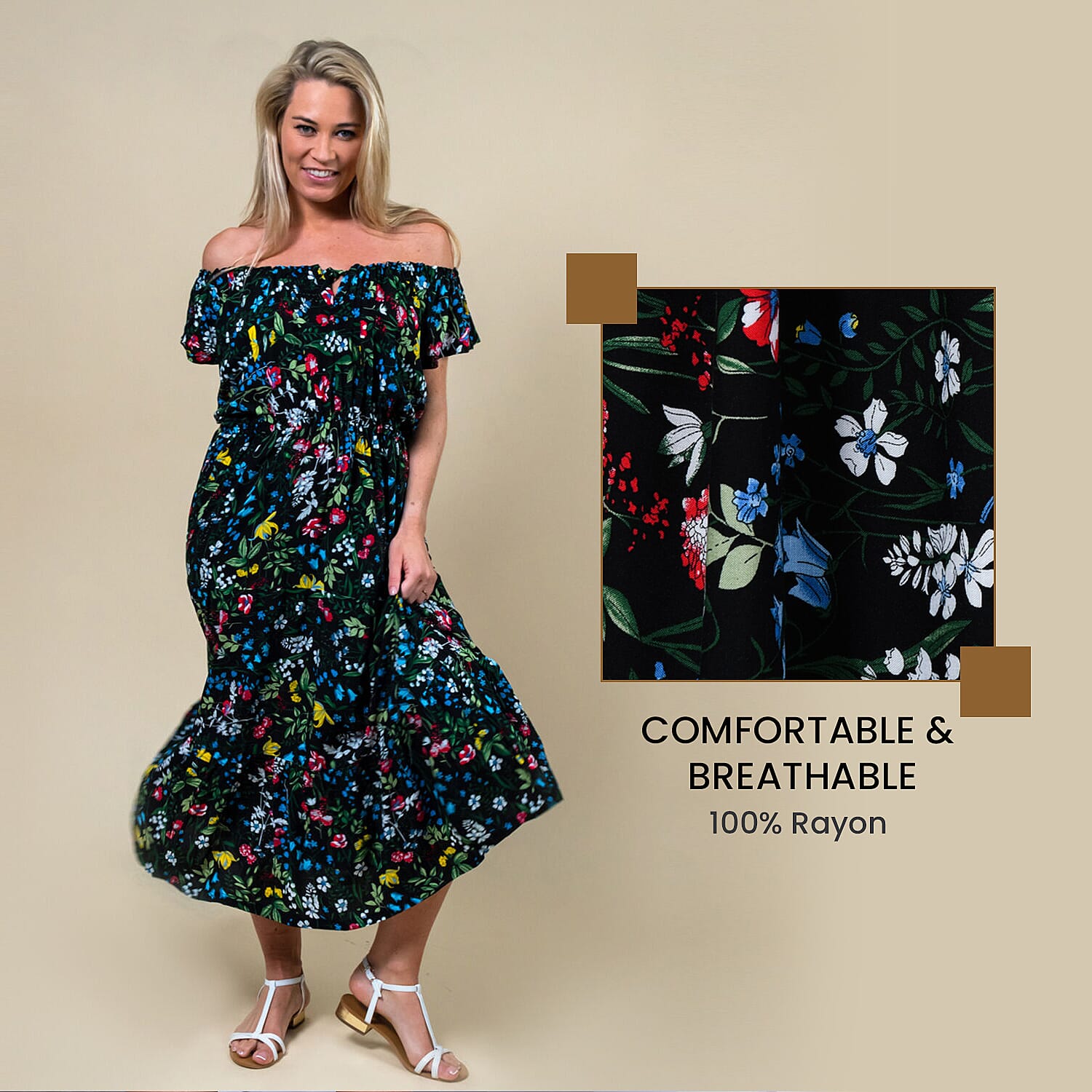 LA MAREY Rayon Floral Printed Maxi Dress - Black
