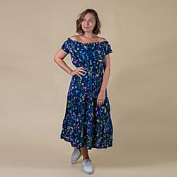 LA MAREY 100% Rayon Floral Printed Maxi Dress (Size - M) - Blue