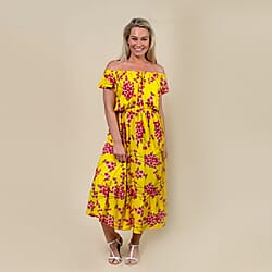 LA MAREY 100% Rayon Floral Printed Maxi Dress (Size - M) - Yellow