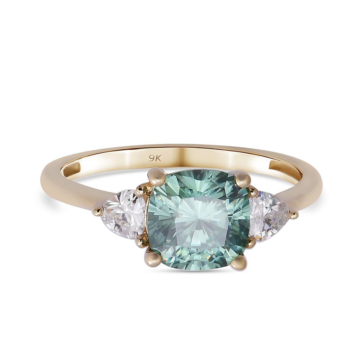 9K Yellow Gold Green Moissanite and White Moissanite Ring 1.76 Ct.