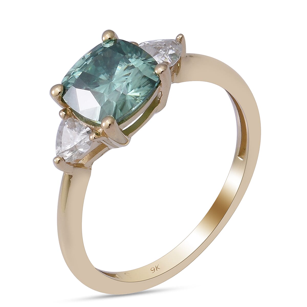 9K Yellow Gold Green Moissanite and White Moissanite Ring 1.76 Ct.