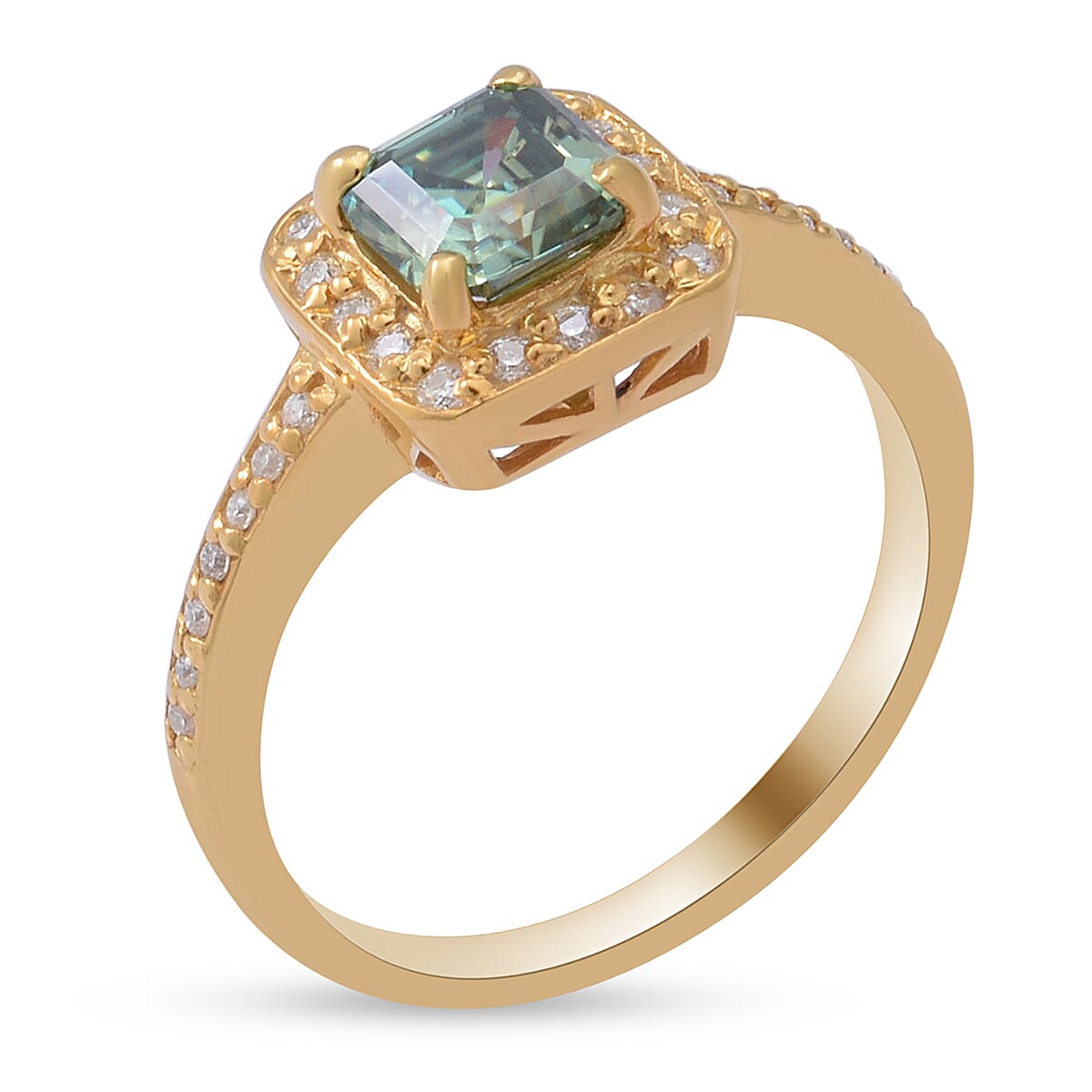 Blue Moissanite and White Moissanite Ring in Yellow Gold Overlay Sterling Silver