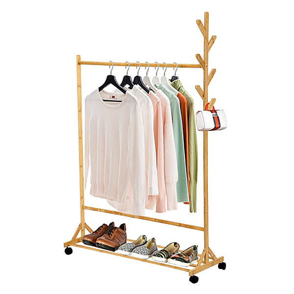 Horizontal Bar Pattern Eye Pleasing Natural Bamboo Clothes Rack with 4 Scroll Wheels (Size:100x152Cm)