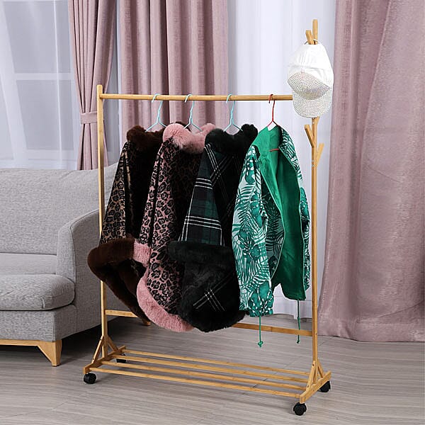 Horizontal Bar Pattern Eye Pleasing Natural Bamboo Clothes Rack with 4 Scroll Wheels (Size:100x152Cm)