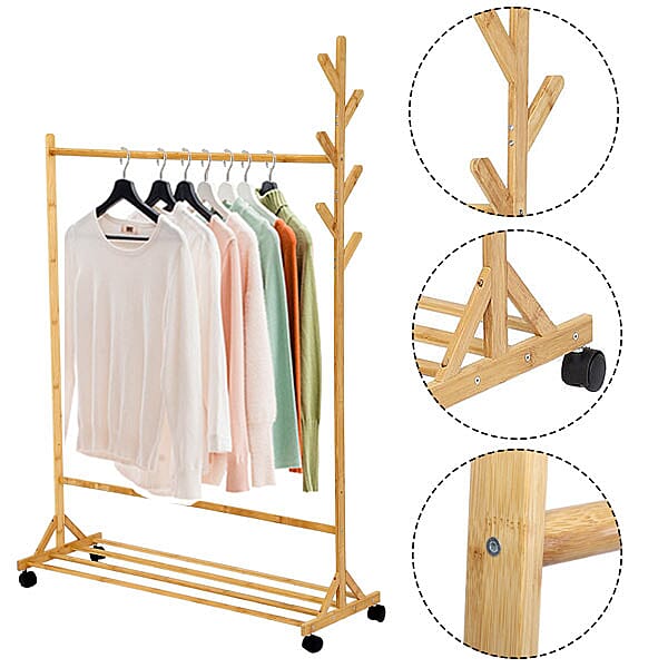 Horizontal Bar Pattern Eye Pleasing Natural Bamboo Clothes Rack with 4 Scroll Wheels (Size:100x152Cm)