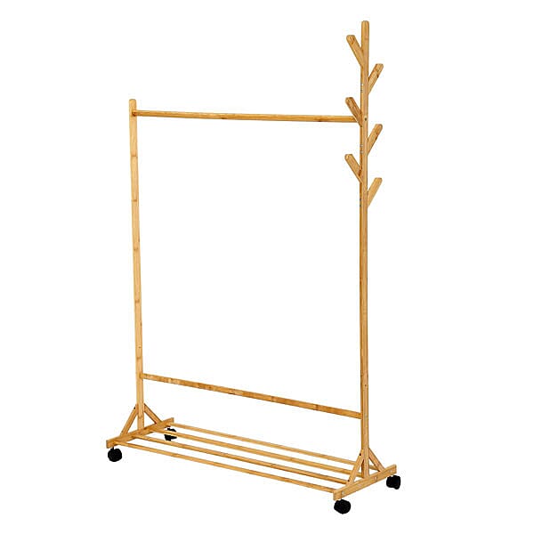 Horizontal Bar Pattern Eye Pleasing Natural Bamboo Clothes Rack with 4 Scroll Wheels (Size:100x152Cm)