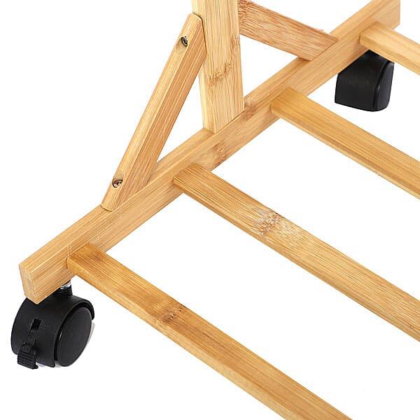Horizontal Bar Pattern Eye Pleasing Natural Bamboo Clothes Rack with 4 Scroll Wheels (Size:100x152Cm)